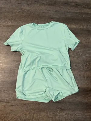 SheIn Women's Mint Short Sleeve Crop Top and Drawstring Shorts Set thumbnail 2