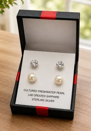 Sterling Silver Pearl & Lab White Sapphire Stud Earrings Set 2 Pair NWT thumbnail 1