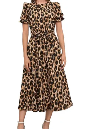 Leopard Lace-up Round Neck Puff A-line Dress thumbnail 1