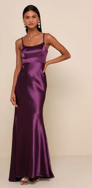 NWT Lulus Make You Shine Dark Purple Satin Mermaid Maxi Dress Holiday Gala Sz XS thumbnail 1