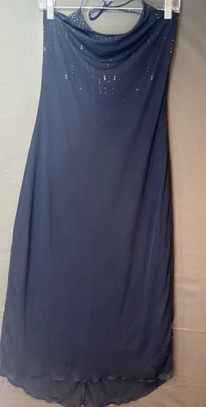 Vintage 90s Byer Too M Navy Rhinestone Halter Maxi Dress Cowl Neck Made USA thumbnail 1