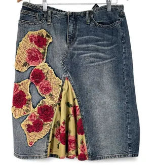 Vintage Y2K 90's Express 7/8 Denim Skirt Corduroy Floral Patches Ruffle Low rise thumbnail 1
