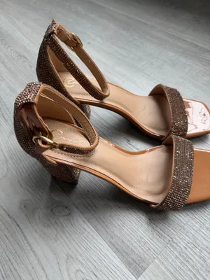 Rhinestone Block Heel Sandals Ankle Strap Brown Nude Sparkly Dress Heels thumbnail 2
