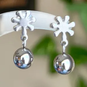 Handmade fully stainless steel flower & ball dangle earrings🌼 thumbnail 1