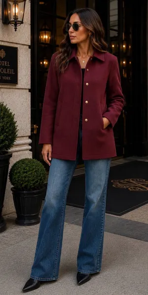 Michael Kors Wool Blend Wine Red Single-Breasted Wool Peacoat with Gold Buttons thumbnail 1