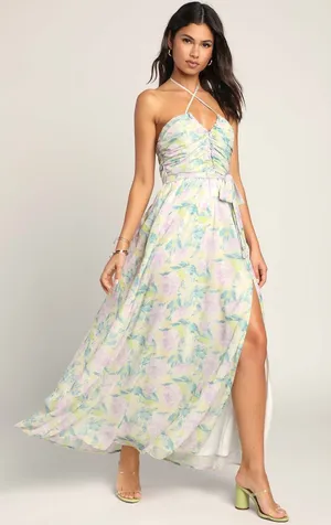 NWT Lulus Effortlessly Abloom Green Multi Floral Ruched Halter Maxi Dress Size L thumbnail 1