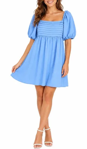 Blue Puff Sleeve Square Neck Pleated Mini Dress Large thumbnail 1
