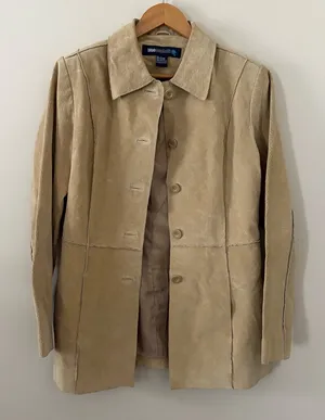 Vintage Y2K Blue Asphalt 100% leather suede jacket tan button front women size L thumbnail 1