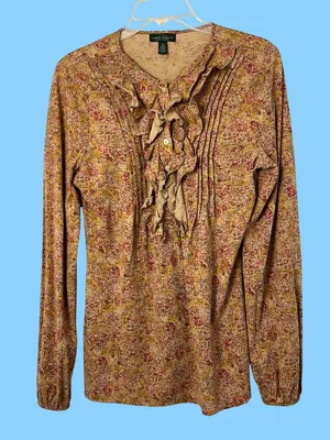 Lauren Ralph Lauren Womens M Paisley Floral Ruffle Blouse 100% Cotton Used thumbnail 1