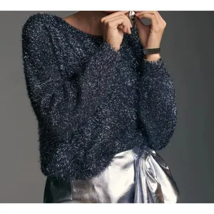 Anthropologie Long Sleeve Scoop Back Eyelash Sweater Navy Blue Small thumbnail 2
