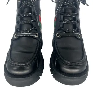 Gucci Romance‎ Web Stripe Lug Sole Leather Lace-Up Ankle Boot Black 38 thumbnail 9