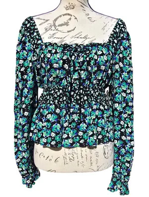 SO Goods For Life -579 Y2K Floral Smocked Peplum‎ Blouse Black Green Blue Large thumbnail 1