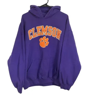 Clemsen Purple Orange Hooded Pullover Sweatshirt XL Kangaroo Pocket Paw Print thumbnail 1