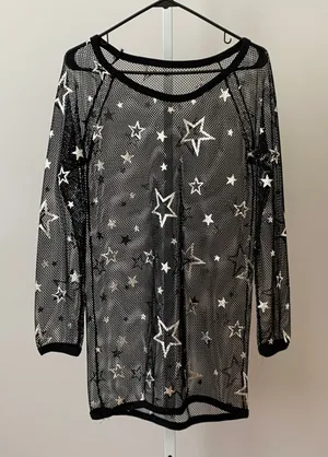Goth Rave Goth Moody Feminine‎ L Black Mesh Star Print Top Sheer Celestial Rave thumbnail 1