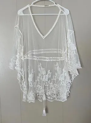 Forever 21 Sheer Lace Kimono White Boho Beach Cover Up Crochet Detail One Size thumbnail 1