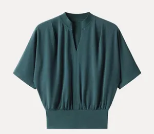 OGL Stand Collar V-Neck Short Sleeve Green Top Women's Size XS NEW thumbnail 1