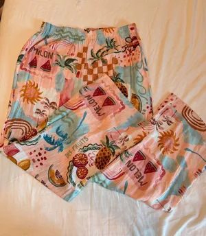 Paper Heart Tropical Fruit Print Linen Blend Pants Large Resort Beach Vacation thumbnail 1