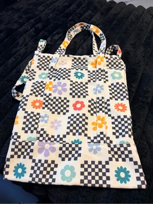 Checkerboard Floral Canvas Tote Bag in Multi-Color thumbnail 1