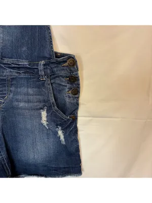 WallFlower Distressed Denim Y2K Overall Shorts Womens M Shortalls Dark Frayed thumbnail 5