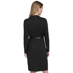 Halston Womens Mock-Neck Belted Long-Sleeve Dress HS4I2AYE Black M thumbnail 8