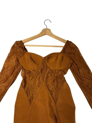 ASOS Womens 4 Bronze Brown Corset Mini Dress Lace Sleeve Sweetheart Gothic thumbnail 2