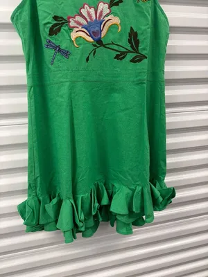 Fanm Mon Flirt Embroidered Ruffle Mini Dress Kelly Green Womens Size XS thumbnail 6