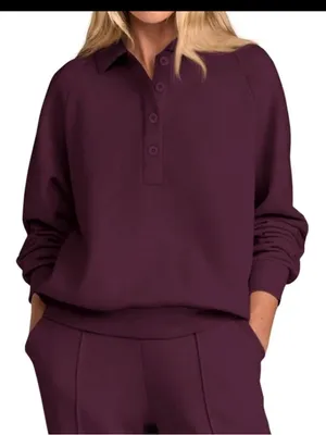 PRETTYGARDEN Women 2Piece Outfit Sweatsuits Quarter Button Long Sleeve Dark Red thumbnail 4