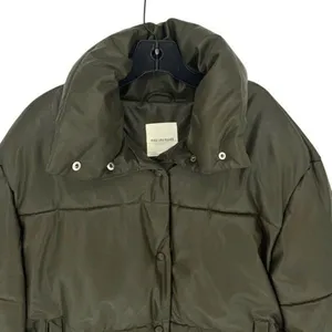 Avec Les Filles Faux-Leather Puffer Jacket Coat Size Small Olive Green Snap Clos thumbnail 3
