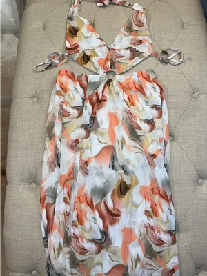 SHEIN Halter Ring-Cut Maxi Dress in Orange & Cream Swirl thumbnail 2