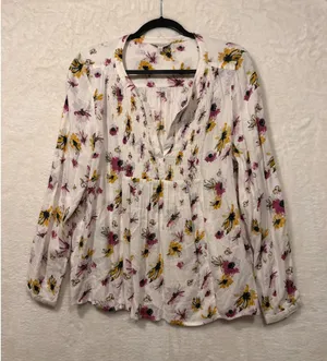 Lucky Brand Floral Peasant Blouse Womens Large White Pink Yellow Smocked 7WP4242 thumbnail 1