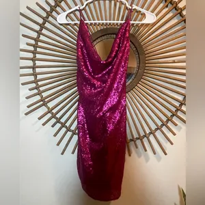 Selfie Leslie Saints & Secrets Miami Nights Cowl Neck Fuchsia Mini Dress Sequins Lace Up Prom thumbnail 5