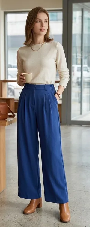 Halara Flex High Waisted Wide Leg Waffle Work Trousers Navy Flowy Small. thumbnail 1