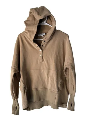 Bucket List Hoodie Womens Small Tan Pullover‎ Snap Neck Ribbed Hem Thumbholes thumbnail 1