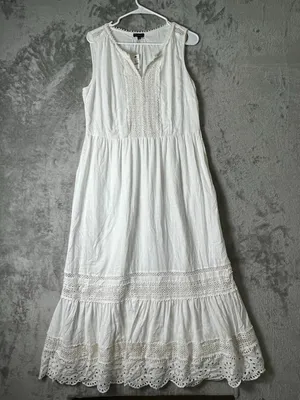 Talbots Pintucked Tiered Hem Cotton Gauze Embroidered Lace Maxi Dress Size 8 New thumbnail 1