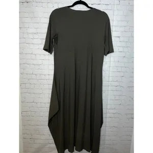 Bryn Walker Olive‎ Green Bamboo Jersey Lantern Hem Midi Dress Short Sleeve Small thumbnail 3