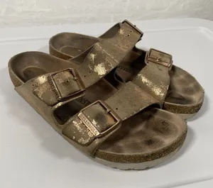 Birkenstock Arizona Suede Leather Sandals in Vintage Metallic Rose Copper Sz 38N thumbnail 1