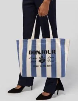 Sézane Nwot! on the road bonjour blue white striped canvas tote bag thumbnail 1
