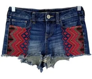 EXPRESS JEANS Boho Embroidered Cut Off Denim Bohemian Shorts ~ Women's 6 thumbnail 1