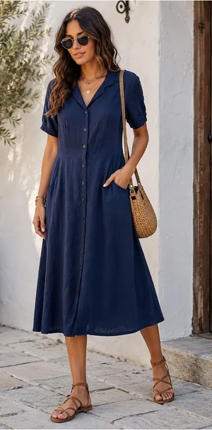 Basic Threads Santa Monica Blue Linen Tencel Button Front Midi Shirt Dress thumbnail 1