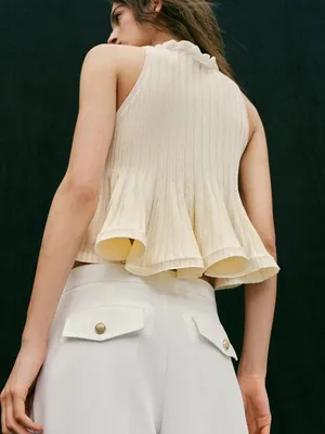 NWT Zara Cream / Butter Yellow Ribbed Knit Ruffle Trim Peplum Tank Top thumbnail 10