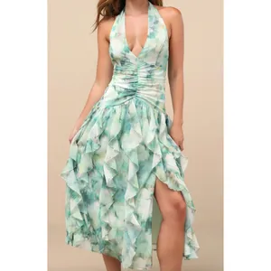 Lulus Febe Teal Green Multi Abstract Halter Ruffled Midi Dress Party XL NWT thumbnail 2