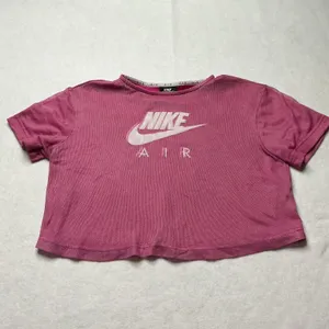 Nike Air Womens Pink Mesh‎ Overlay Crop Top XS Short Sleeve Graphic Tee thumbnail 3