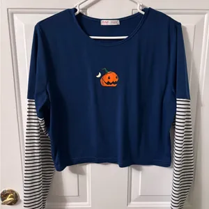 ROMWE Blue Halloween Pumpkin Long Sleeve Tee thumbnail 1
