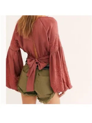 FREE PEOPLE Midnight Hour Embroidered Puff Sleeve Tie-Back Top Dusty Rose M BOHO thumbnail 2