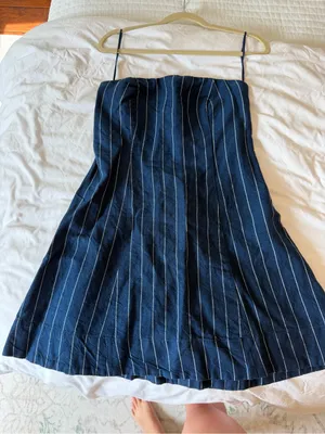 Navy Pinstripe Mini Dress | Denim Look Fit & Flare Dress thumbnail 2