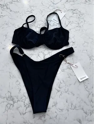 NWT Quince Black Italian Demi Bikini Top & High Leg Ring Bottom Set Size Medium thumbnail 1
