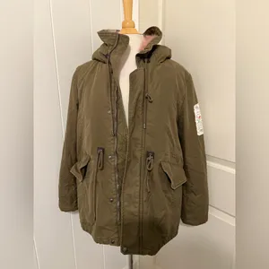 Moussy Utility Army Green Pink Fur‎ Military Patchwork Jacket Parka Size 2 thumbnail 2