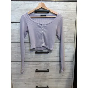 Brandy Melville Zelly Top Lavender Purple Ribbed Button Down Long Sleeve Medium thumbnail 2