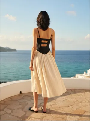 Free People Salvador Midi Dress Sz M Black Cream Embroidered Corset Back Detail thumbnail 2