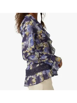 Free People Bad At Love Floral Printed Ruffle Boho blouse Women’s Size Small thumbnail 2